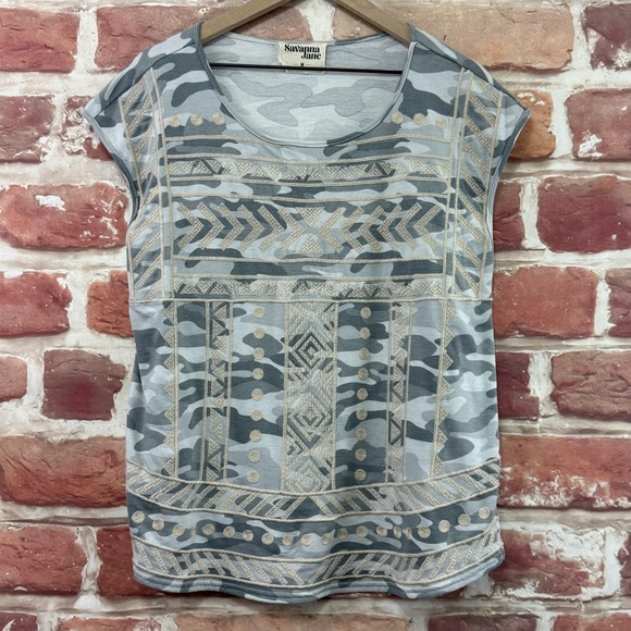 Anthropologie Sweaters - Anthropologie Savanna Jane Shirt Women's M Boho Aztec Camo Embroidered Top